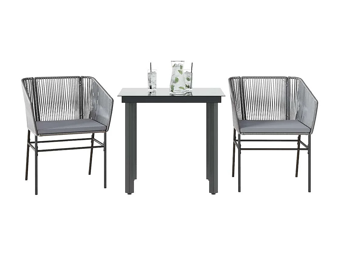 Juego comedor jardín 3 piezas cojines ratán sintético vidrio gris