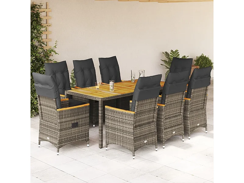 Set comedor jardín 9 piezas y cojines ratán sintético gris