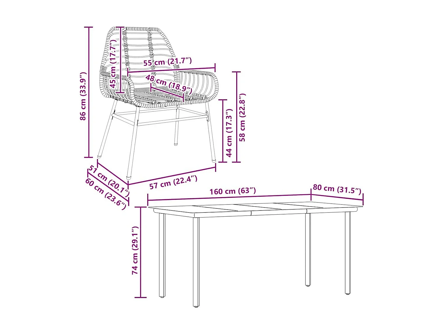 Ensemble à manger jardin 7pièces marron rpoly otin verre
