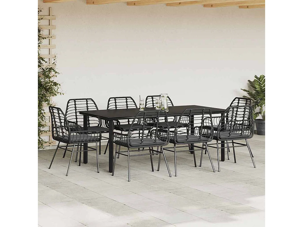 Ensemble à manger de jardin coussins 9 pièces noir poly rotin verre