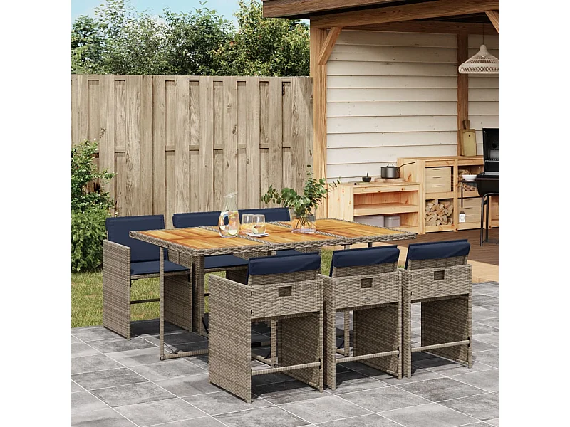 Ensemble à manger de jardin 7 pièces coussins gris résine tressée