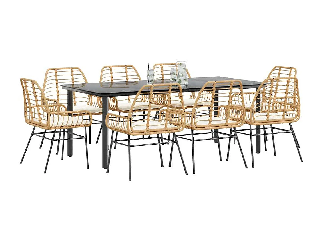 Juego comedor jardín 9 piezas cojines ratán sintético marrón