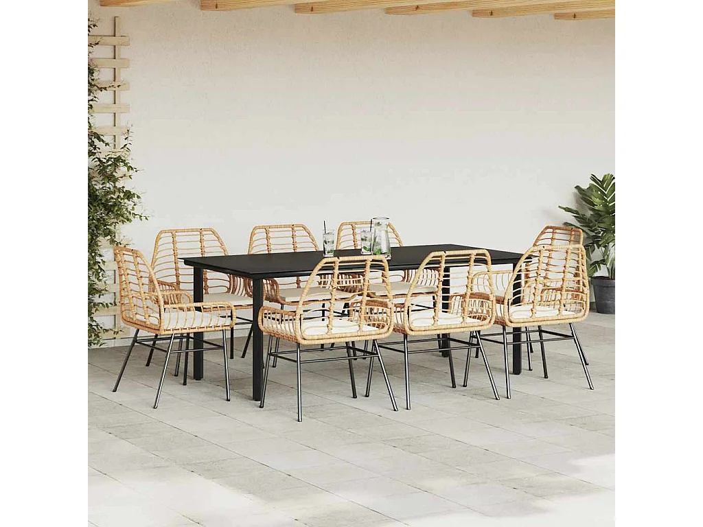 Juego comedor jardín 9 piezas cojines ratán sintético marrón