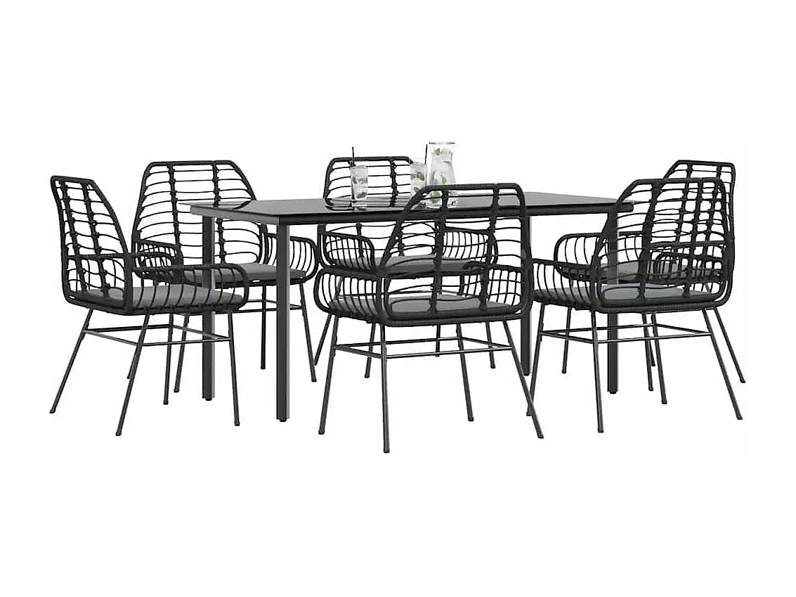 Set de comedor de jardín 7 piezas cojines ratán sintético negro