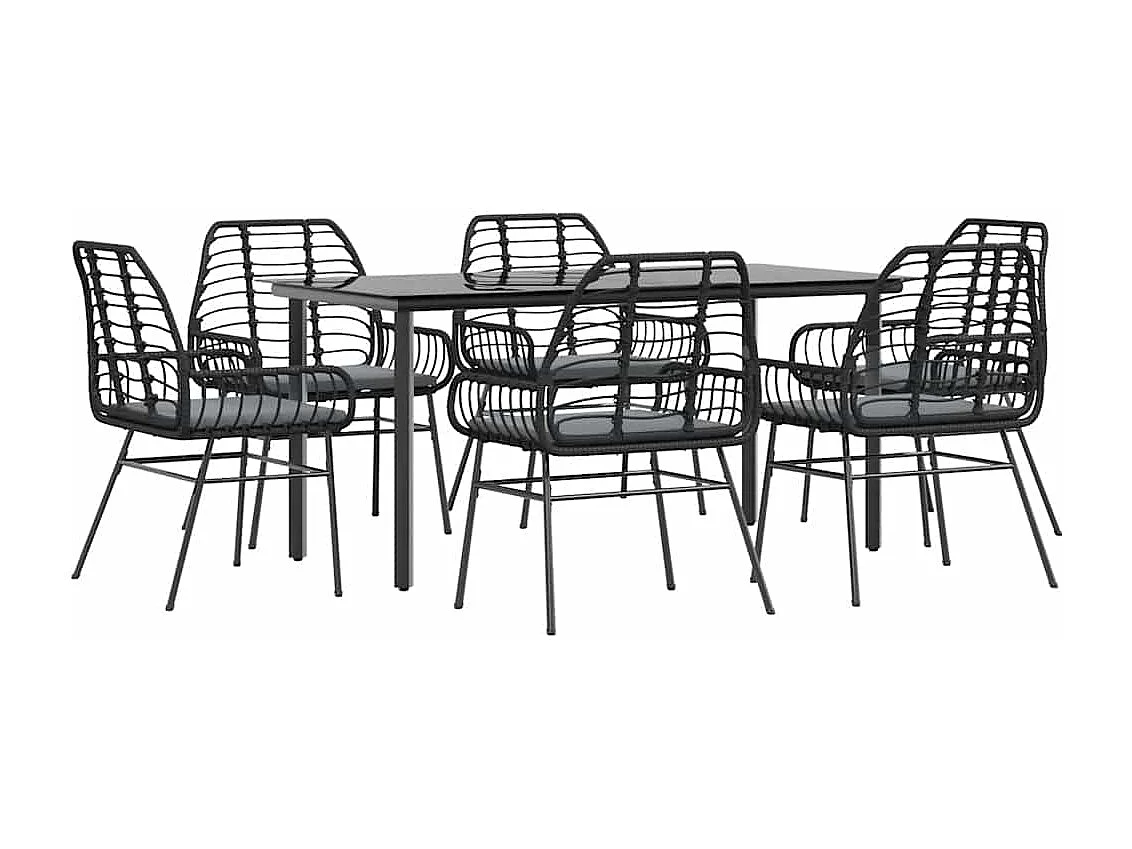 Set de comedor de jardín 7 piezas cojines ratán sintético negro