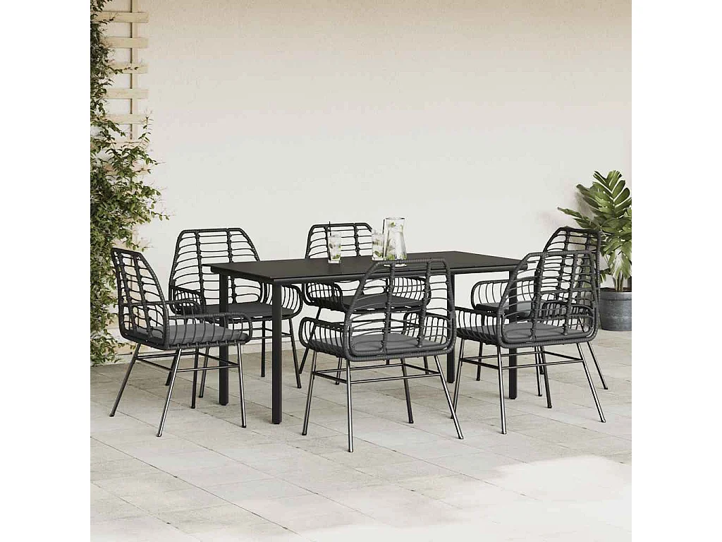 Set de comedor de jardín 7 piezas cojines ratán sintético negro