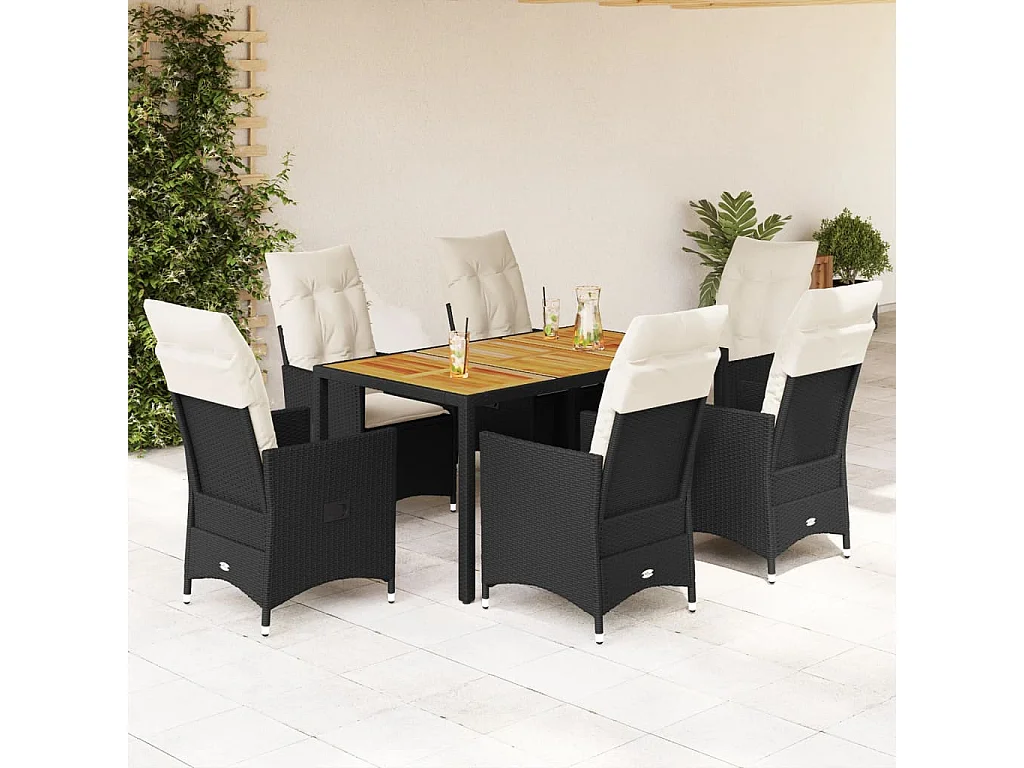 Set de comedor de jardín 7 piezas y cojines ratán sintético negro