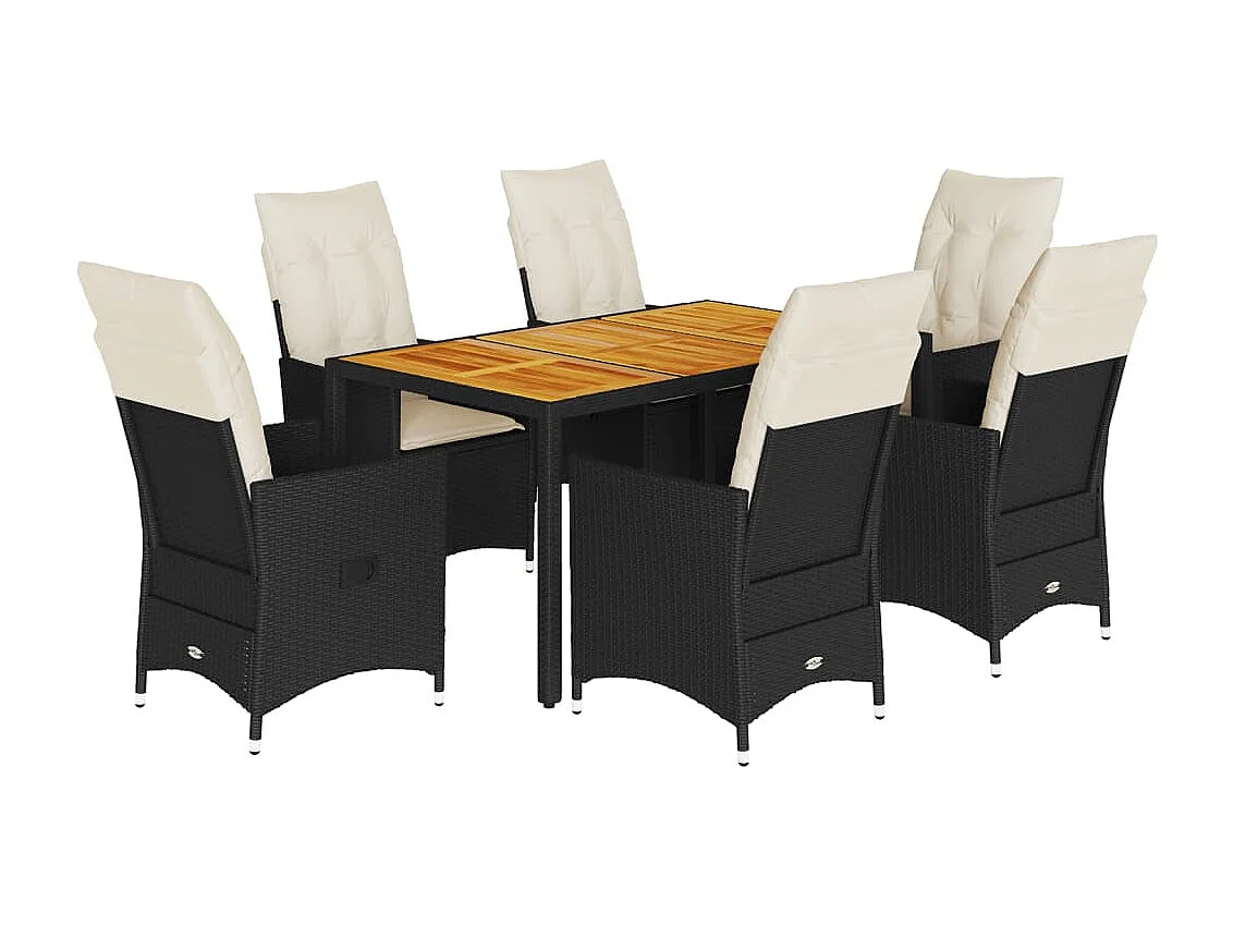 Set de comedor de jardín 7 piezas y cojines ratán sintético negro