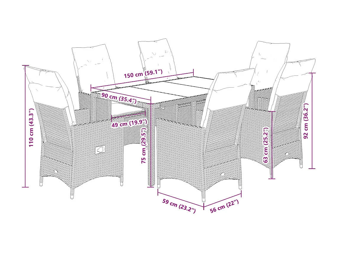 Set de comedor de jardín 7 piezas y cojines ratán sintético negro