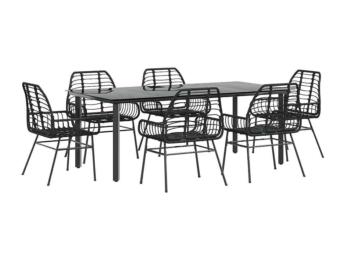 Ensemble à manger de jardin 7pièces noir poly rotin verre