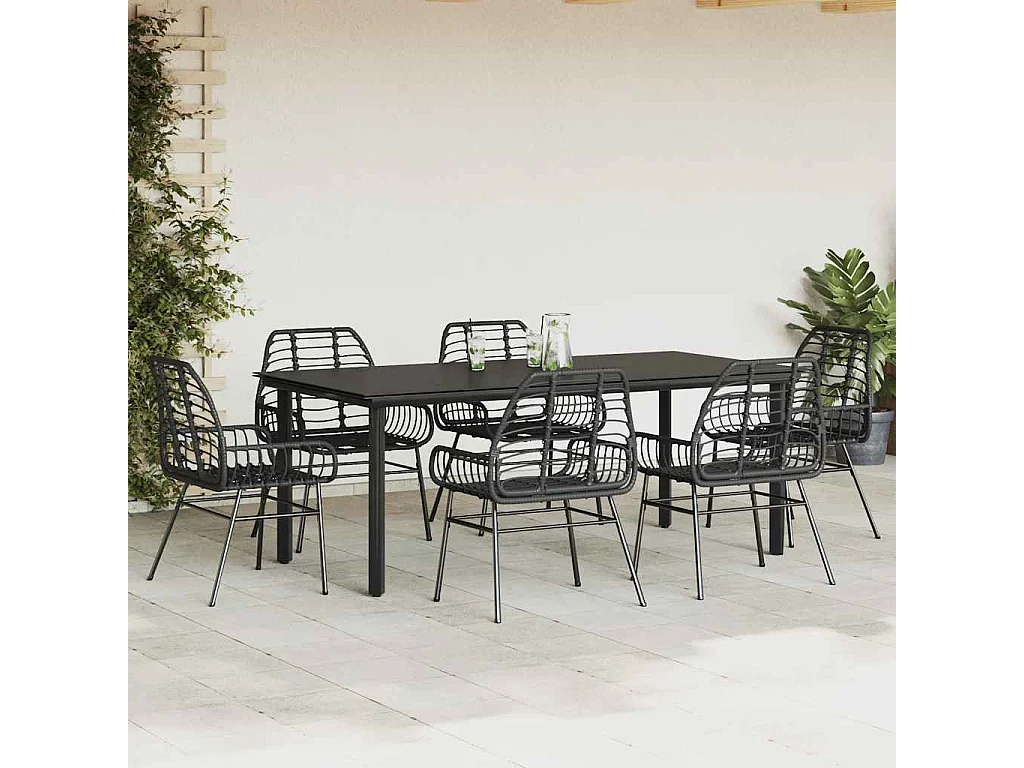 Ensemble à manger de jardin 7pièces noir poly rotin verre