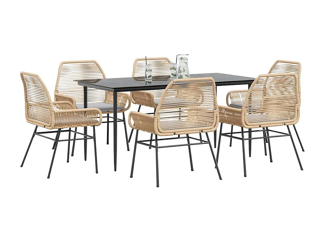 Ensemble à manger jardin coussins 7pièces marron poly rotin verre