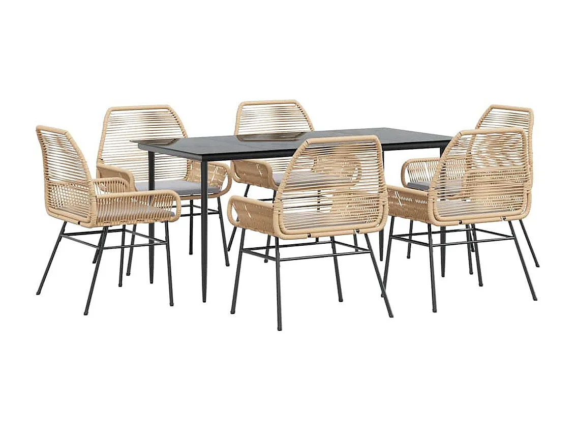 Ensemble à manger jardin coussins 7pièces marron poly rotin verre