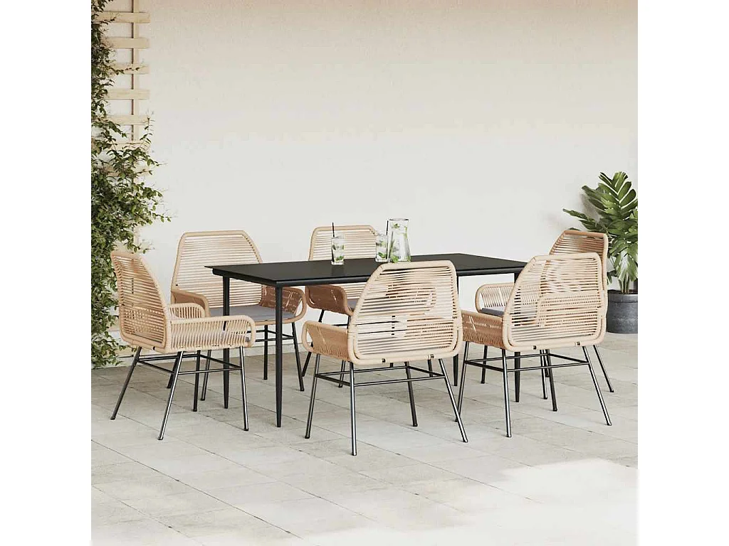 Ensemble à manger jardin coussins 7pièces marron poly rotin verre