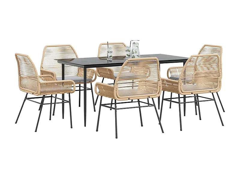 Ensemble à manger jardin coussins 7pièces marron poly rotin verre