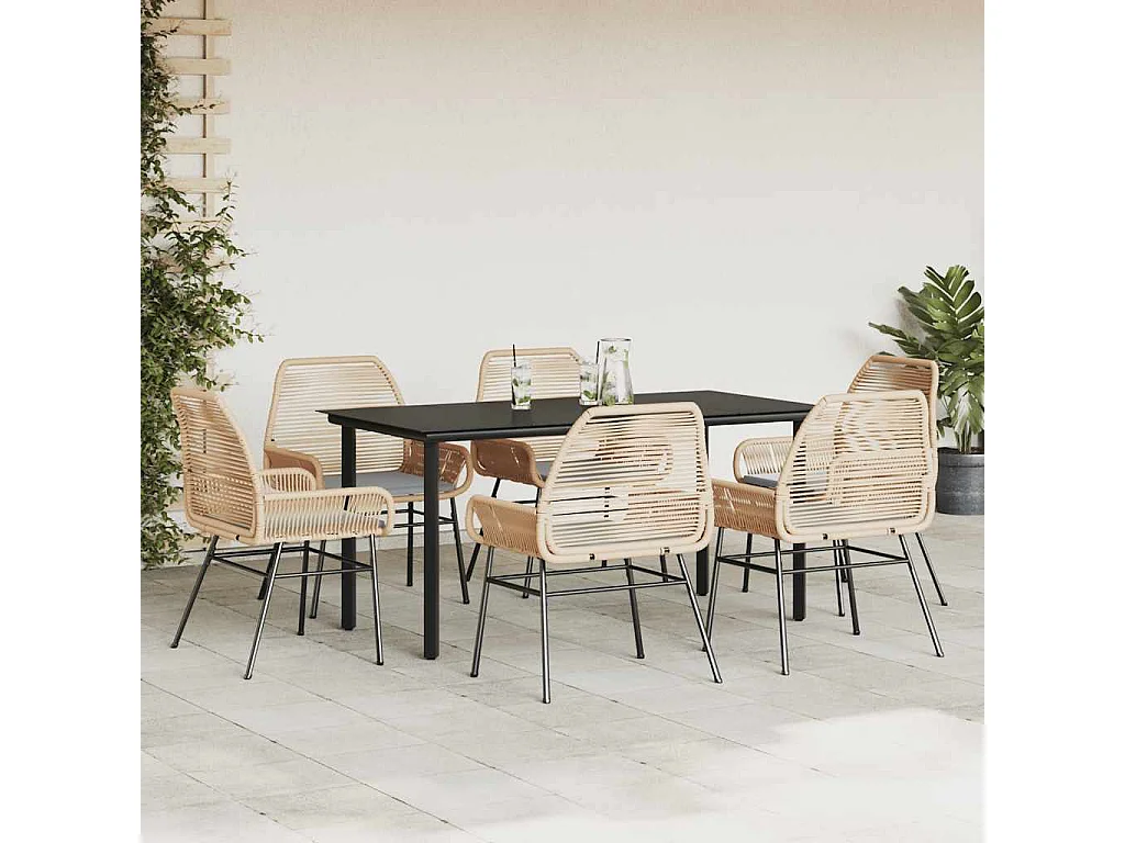 Juego de comedor de jardín 7 piezas con cojines ratán PE marrón