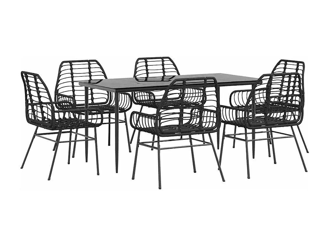 Ensemble à manger de jardin 7pièces noir poly rotin verre