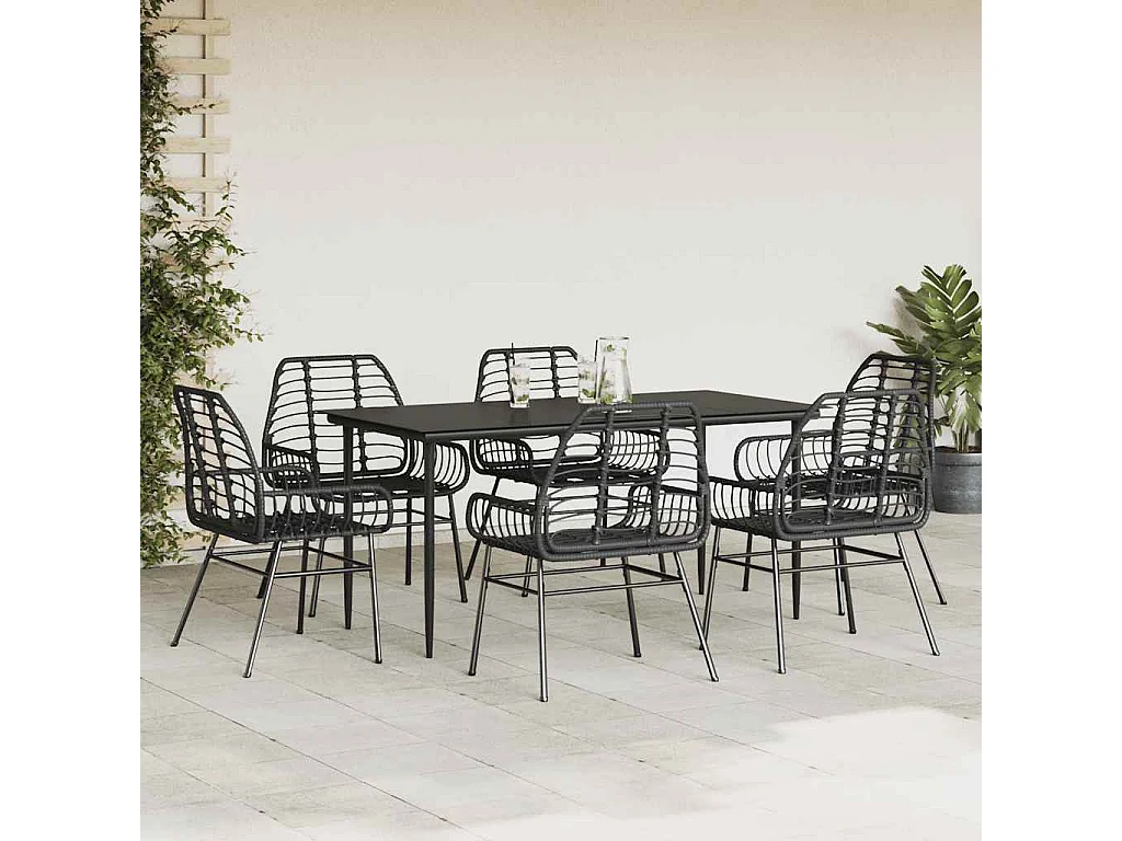 Ensemble à manger de jardin 7pièces noir poly rotin verre