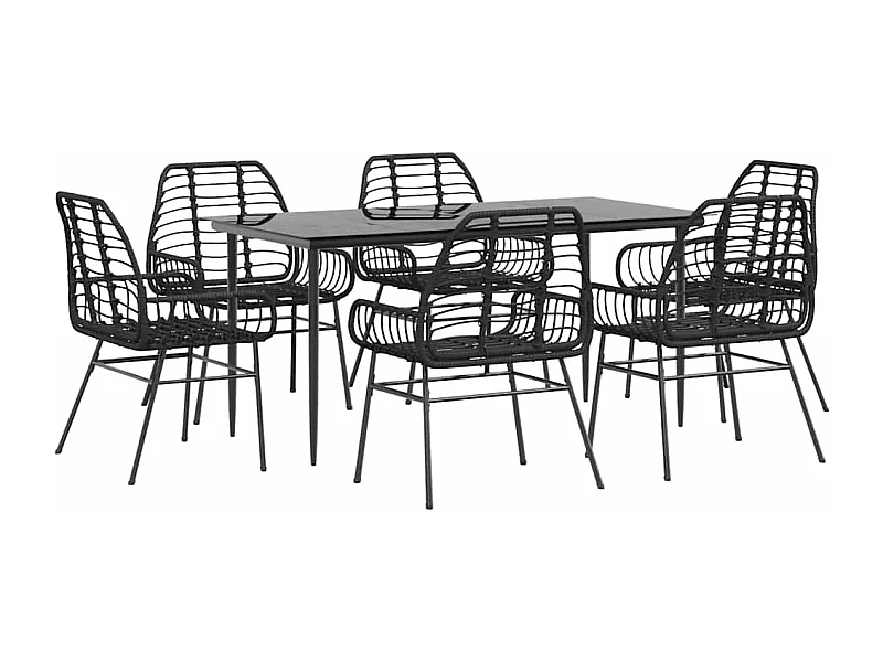 Ensemble à manger de jardin 7pièces noir poly rotin verre