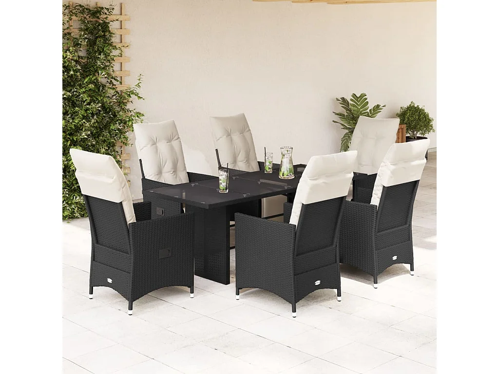 Set de comedor de jardín 7 piezas y cojines ratán sintético negro