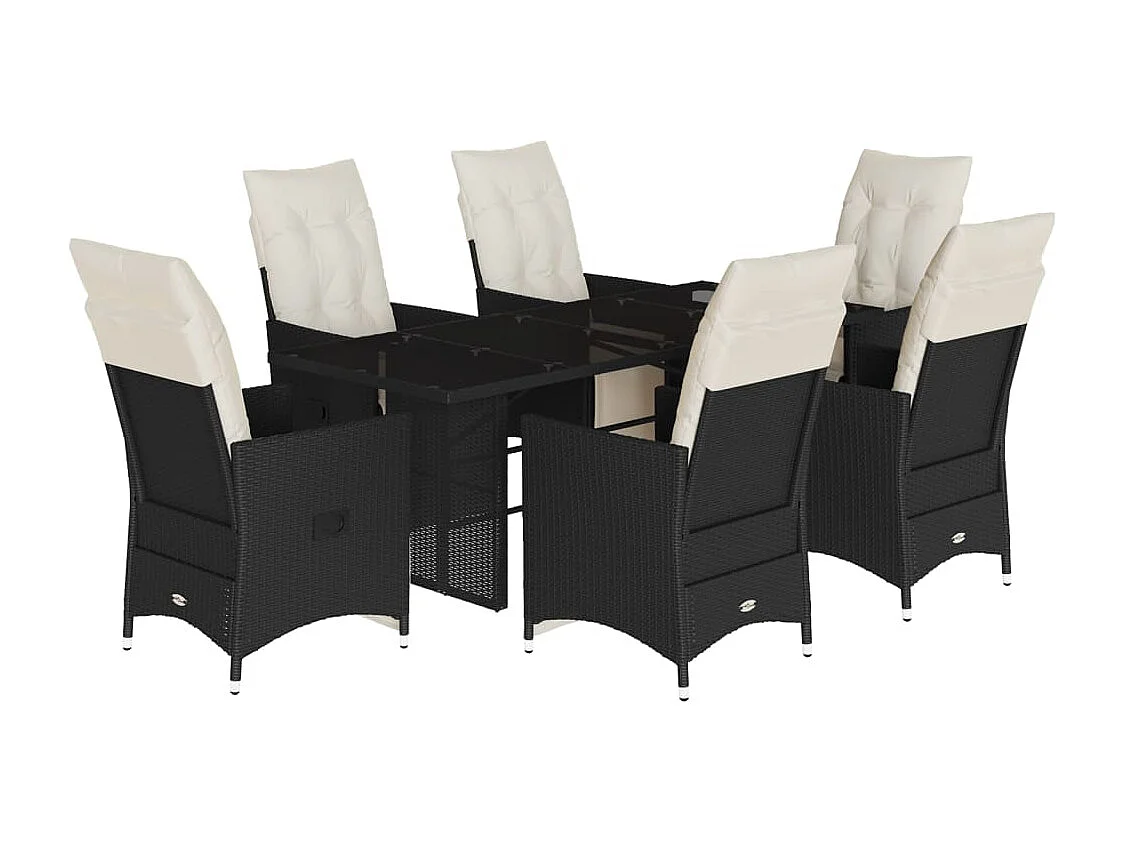 Set de comedor de jardín 7 piezas y cojines ratán sintético negro