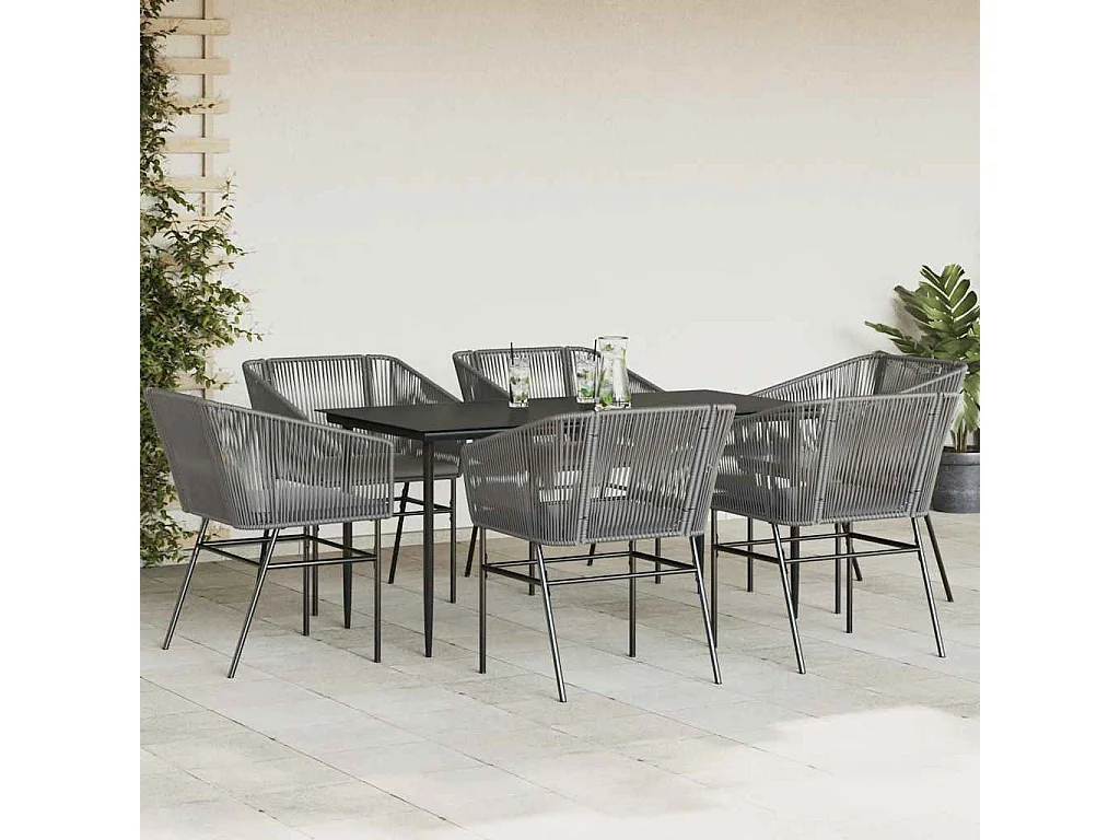Juego comedor jardín 7 piezas cojines ratán sintético vidrio gris