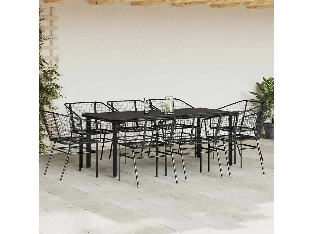 Ensemble à manger de jardin 9 pièces noir poly rotin verre