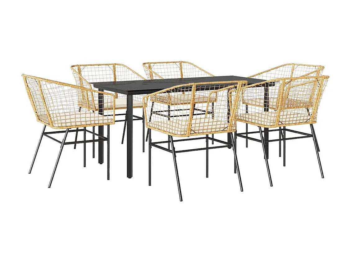 Ensemble à manger jardin coussins 7pièces marron poly rotin verre