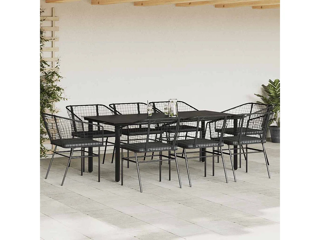 Ensemble à manger de jardin coussins 9 pièces noir poly rotin verre