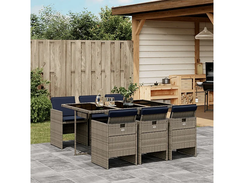 Ensemble à manger de jardin 7 pièces coussins gris résine tressée