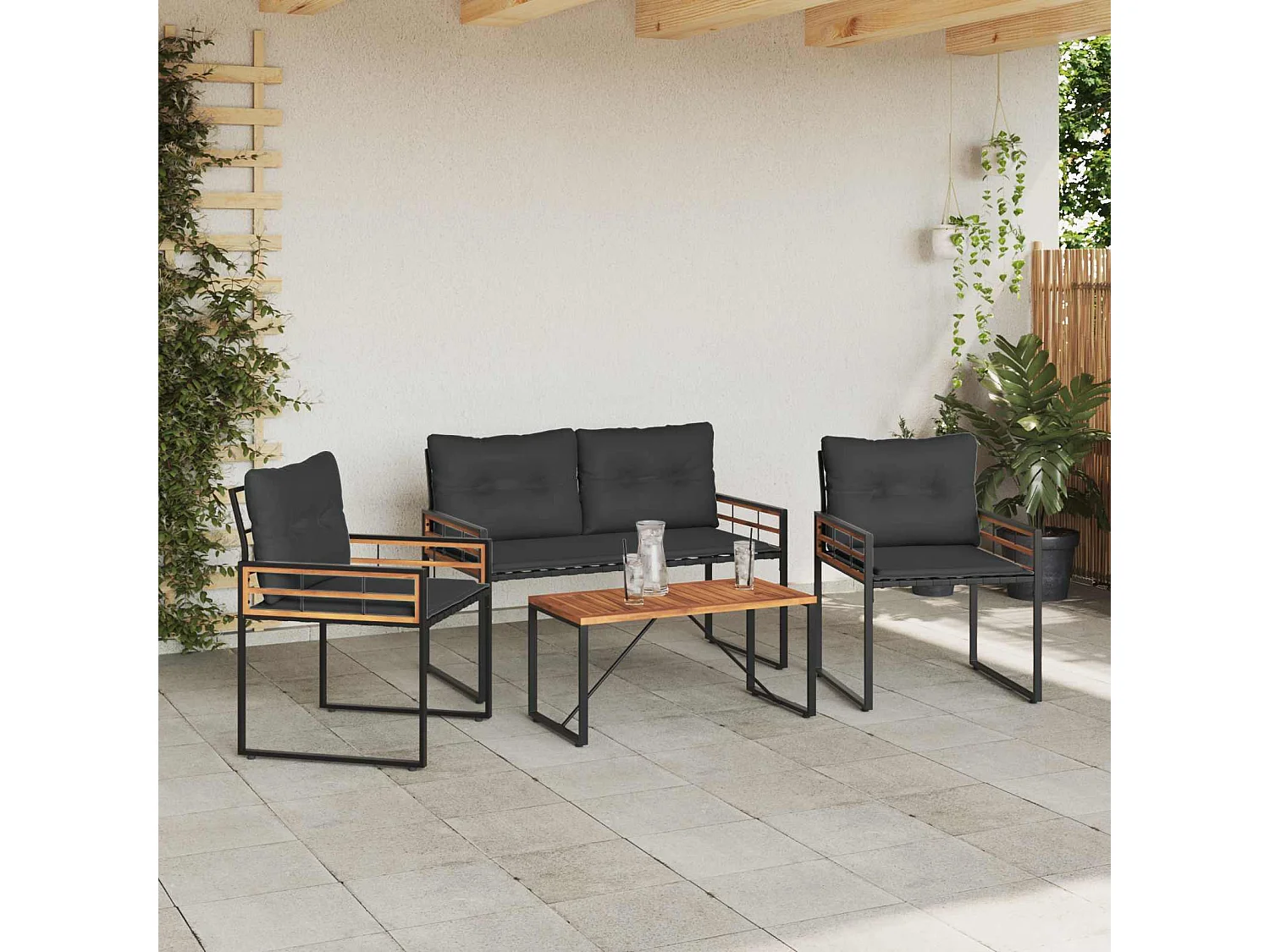 Juego de muebles de exterior con cojín 4 pcs Gris Oscuro