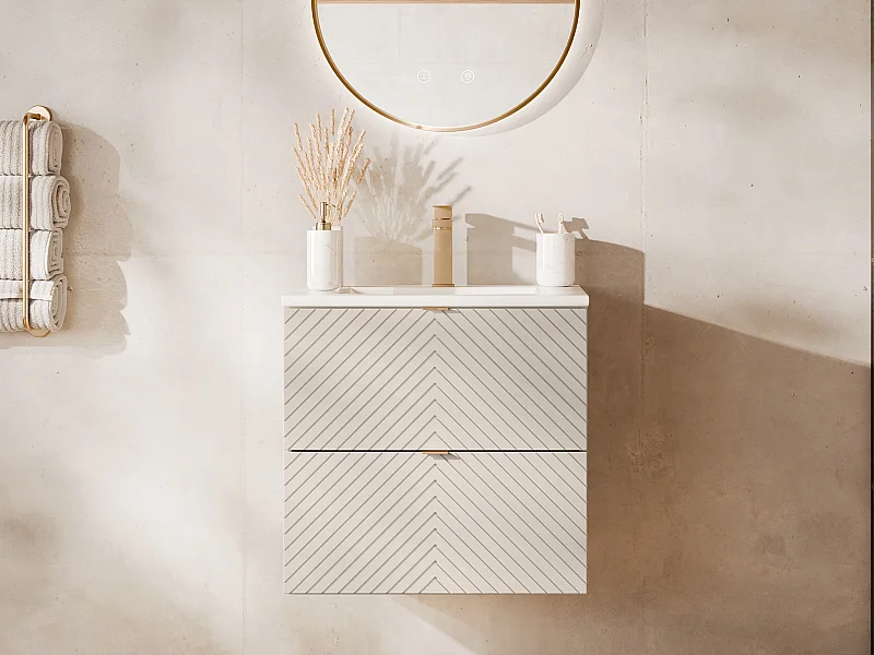 Mueble de baño suspendido con diseño con diseño de espiga y lavabo encastrado - Beige - 60 cm - DORIONI