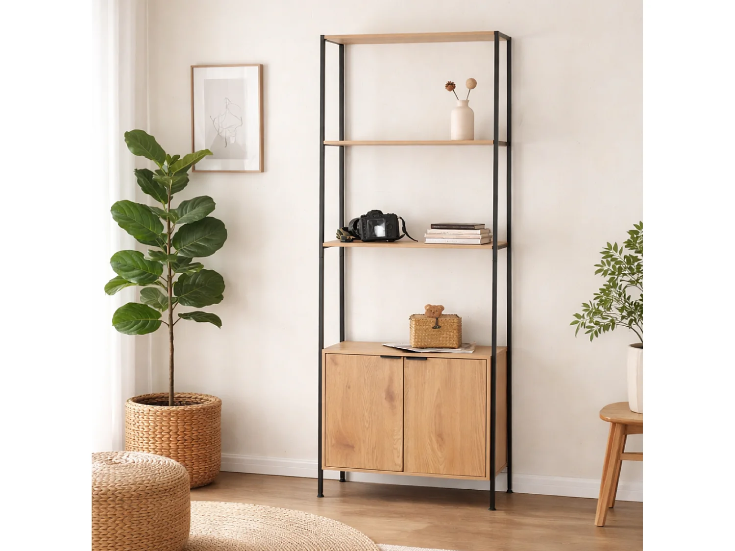Etagère 4 rangements et placard 176 cm bois et noir TYDIE