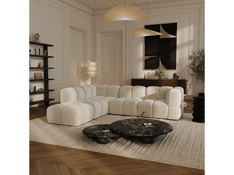 Canapé grand angle gauche modulable 7 places velours texturé crème NUBI