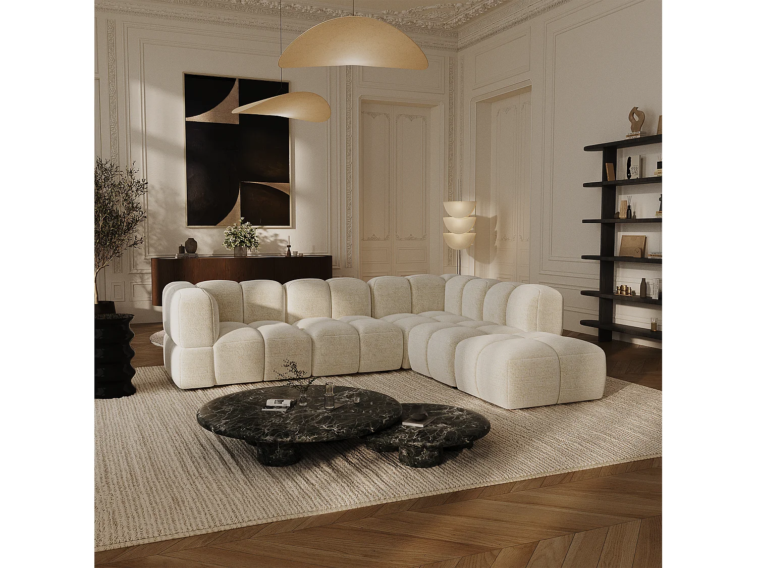 Canapé grand angle droit modulable 7 places velours texturé crème NUBI