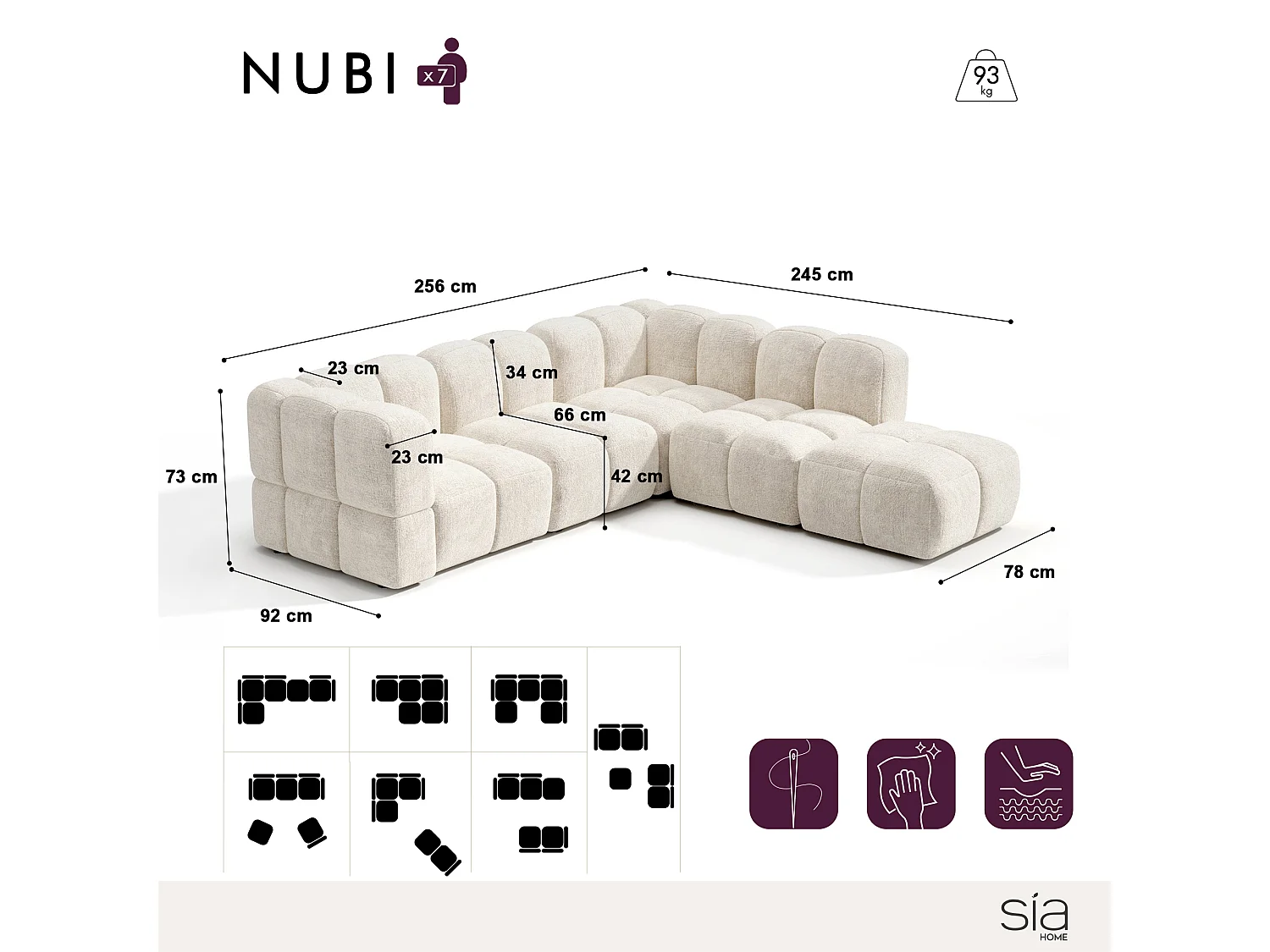 Canapé grand angle droit modulable 7 places velours texturé crème NUBI