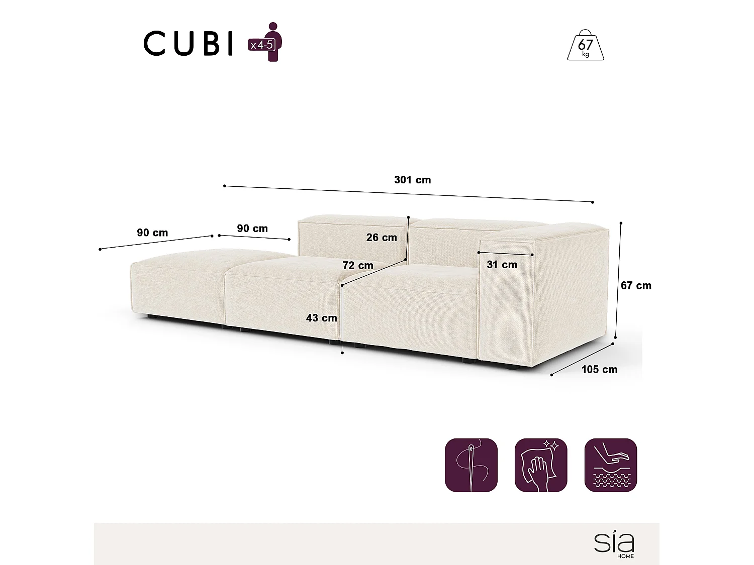 Canapé modulable 4-5 places droit velours chenillé crème CUBI