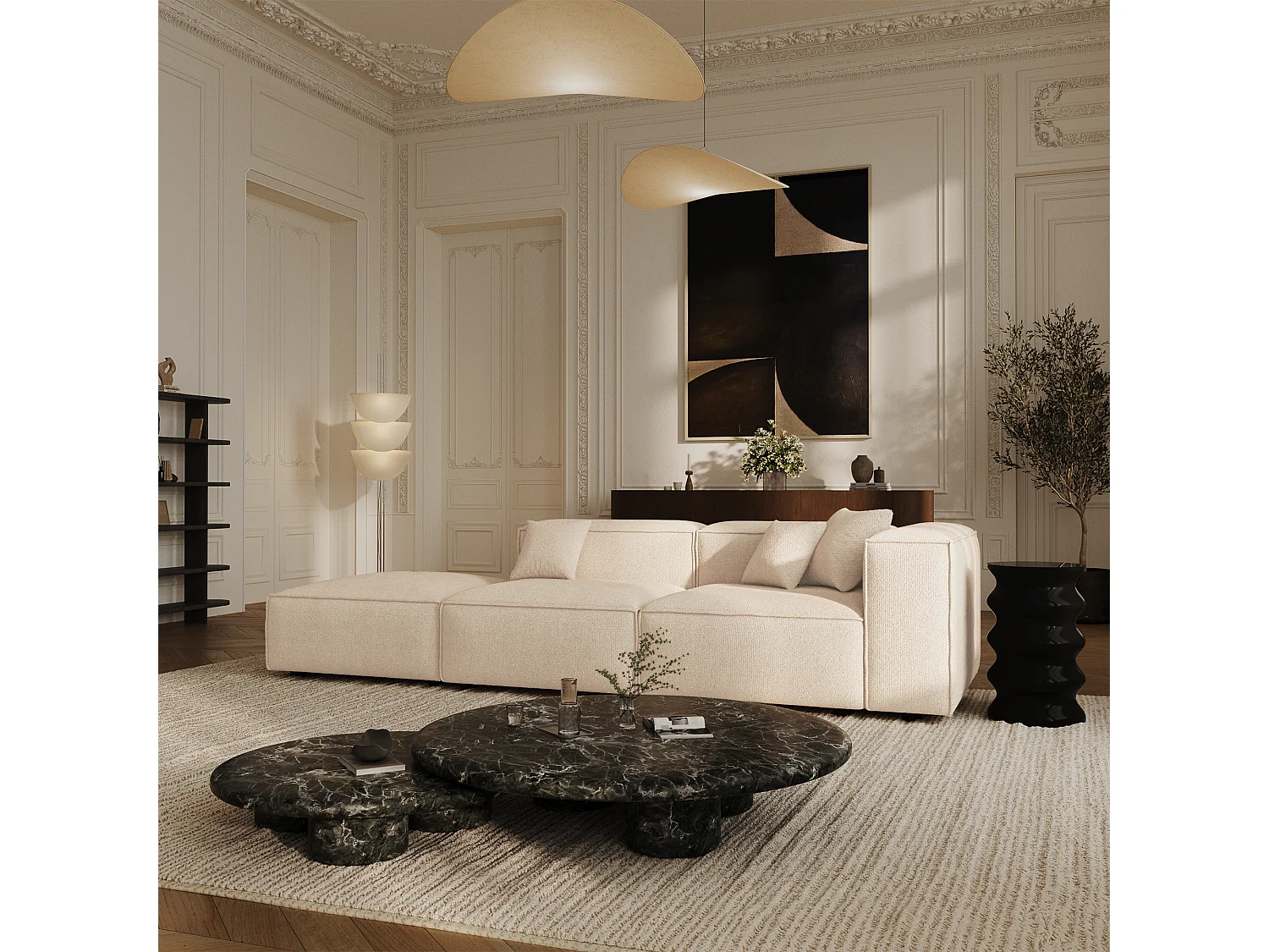 Canapé modulable 4-5 places droit velours chenillé crème CUBI