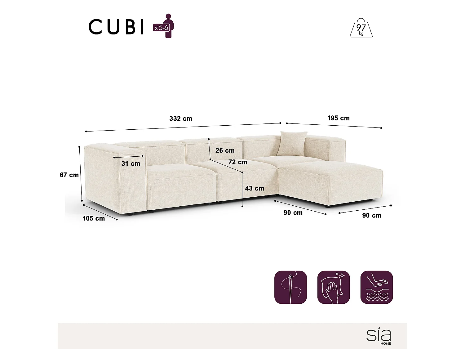 Canapé d'angle modulable 5-6 places velours chenillé crème CUBI