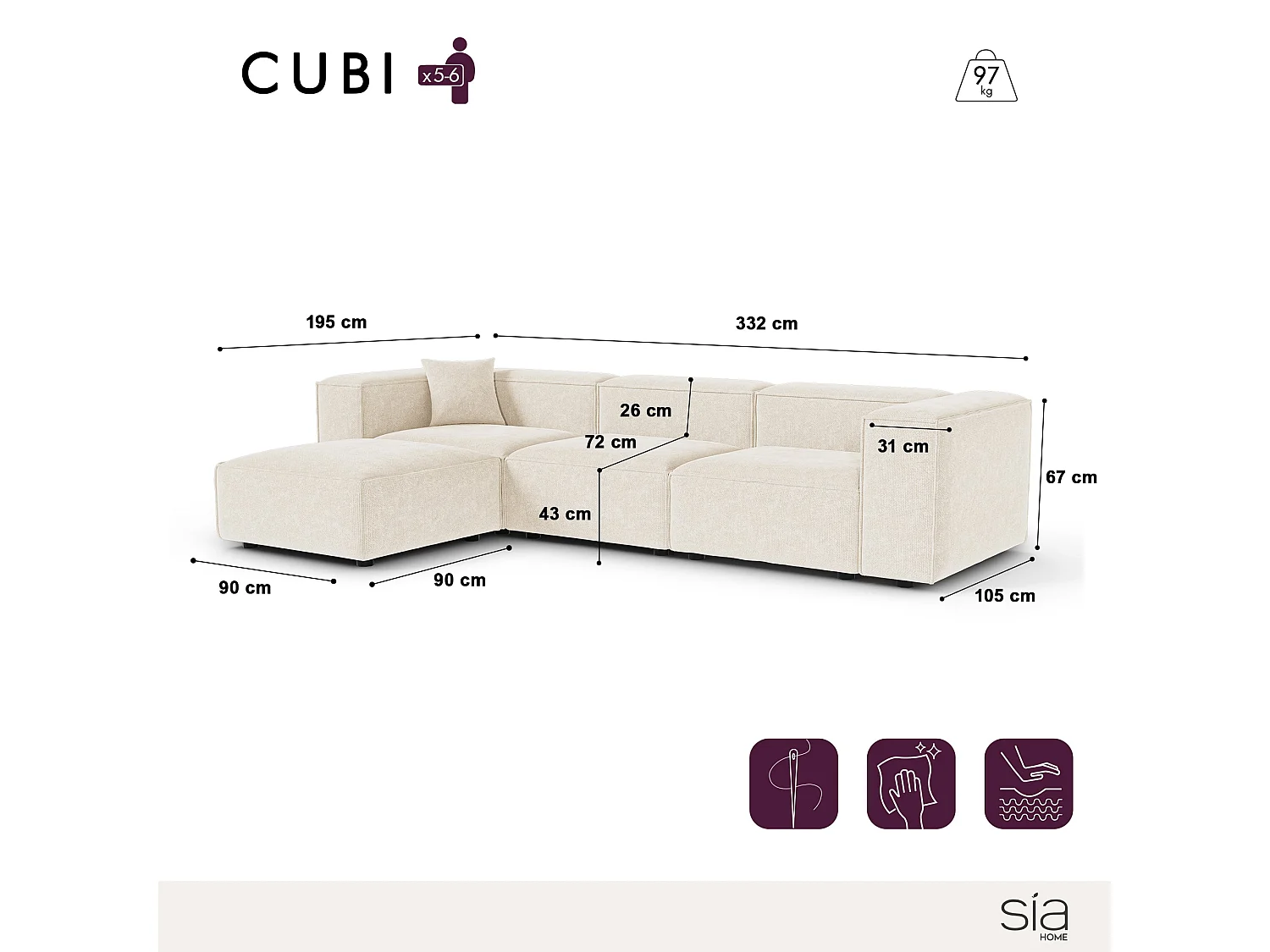 Canapé d'angle modulable 6 places CUBI en velours chenillé