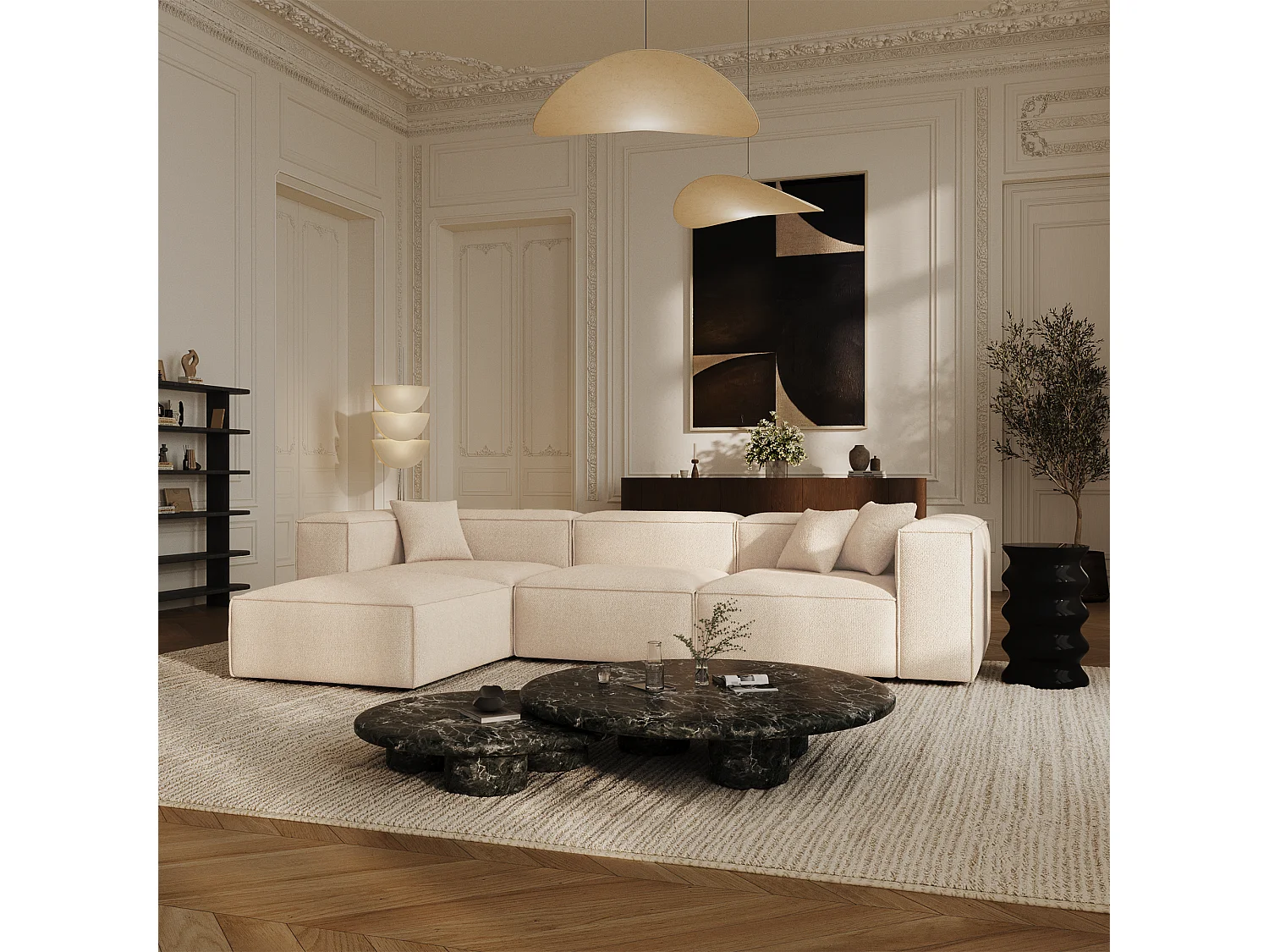 Canapé d'angle modulable 5-6 places velours chenillé crème CUBI