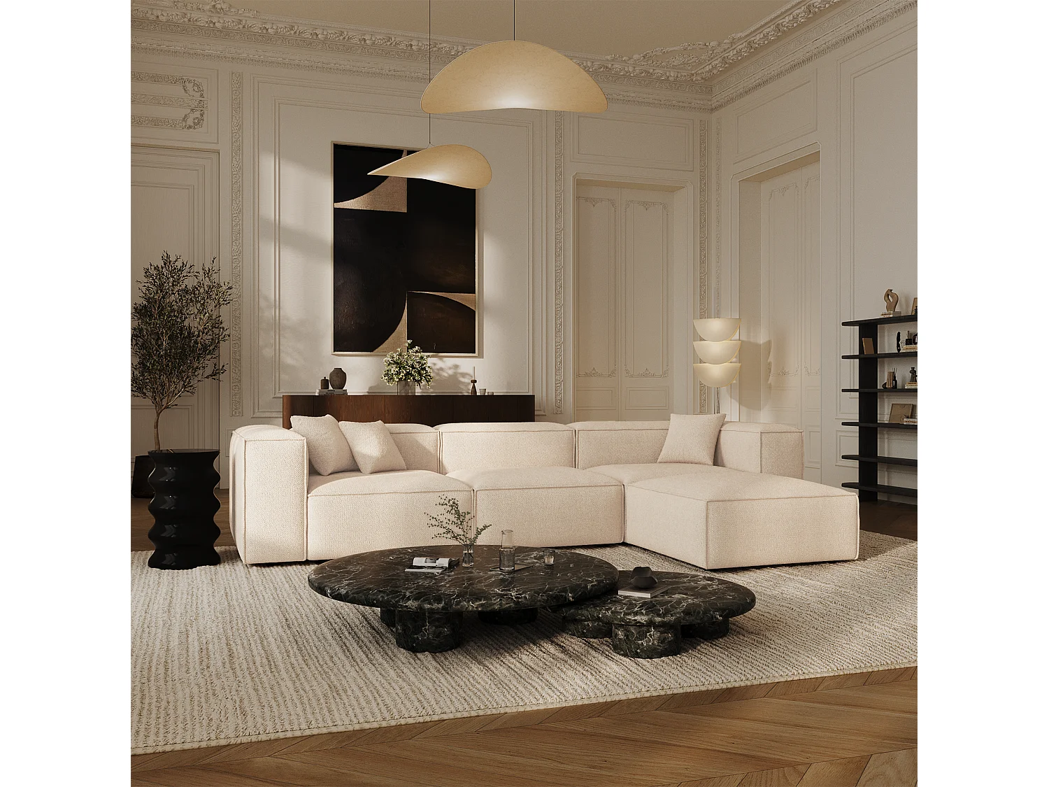 Canapé d'angle modulable 5-6 places velours chenillé crème CUBI