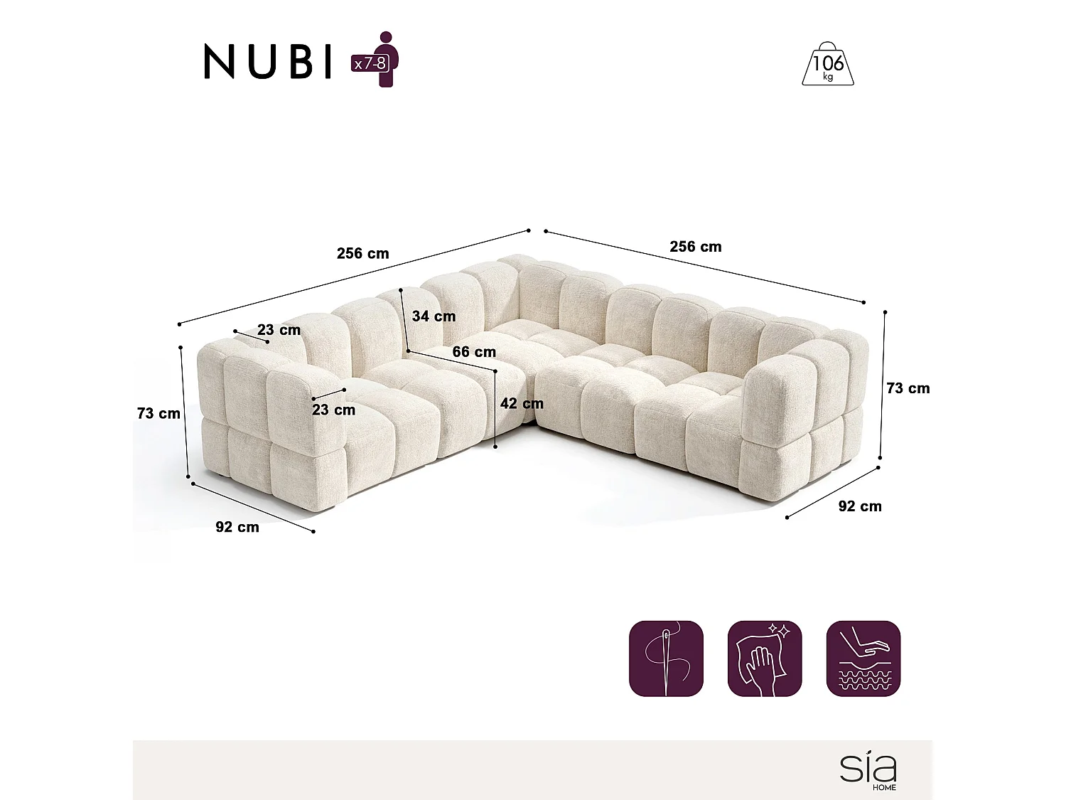 Canapé d'angle panoramique modulable 7-8 places velours texturé crème NUBI