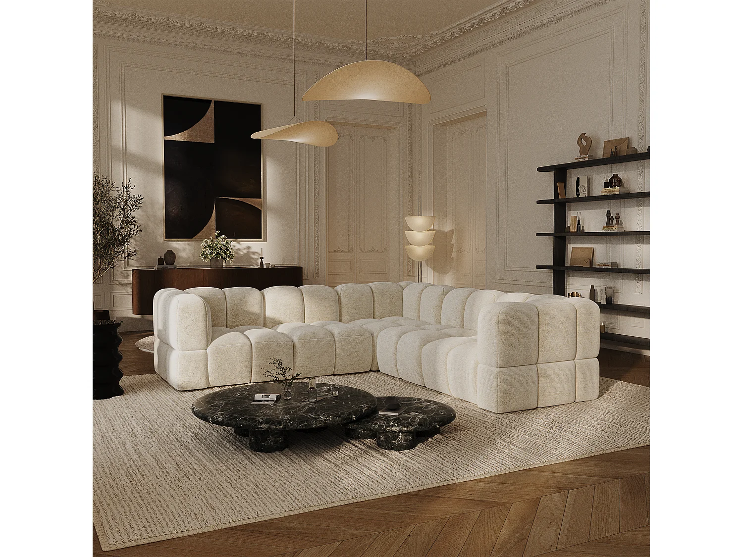 Canapé d'angle panoramique modulable 7-8 places velours texturé crème NUBI