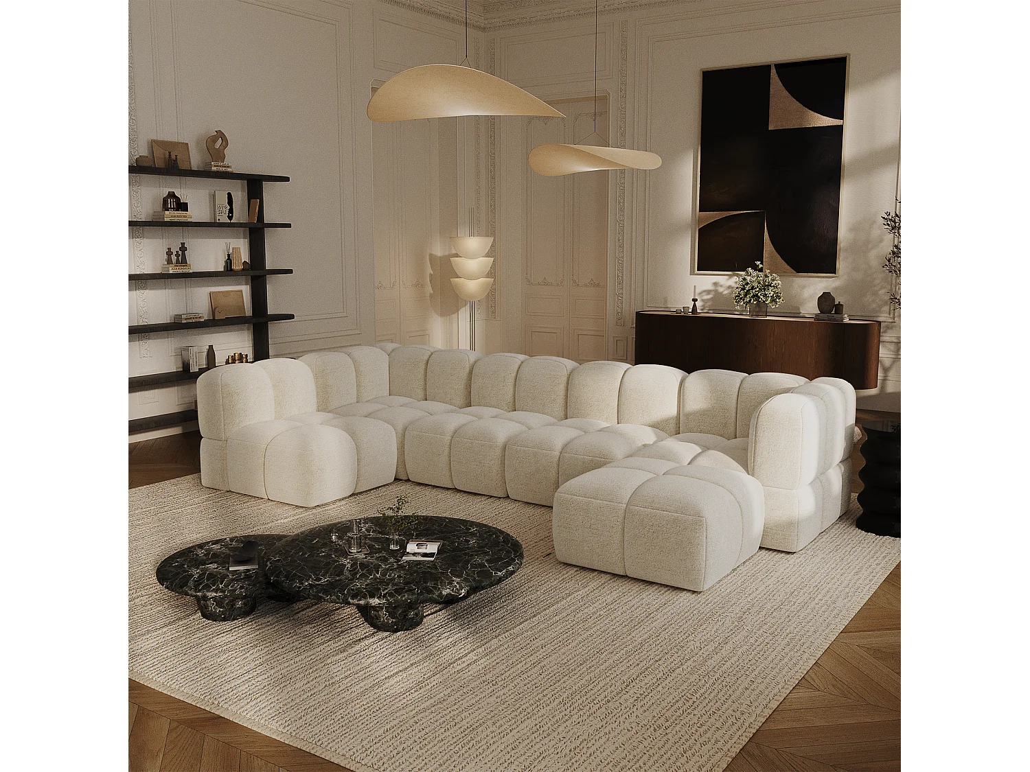 Canapé grand angle modulable 8 places velours texturé crème NUBI