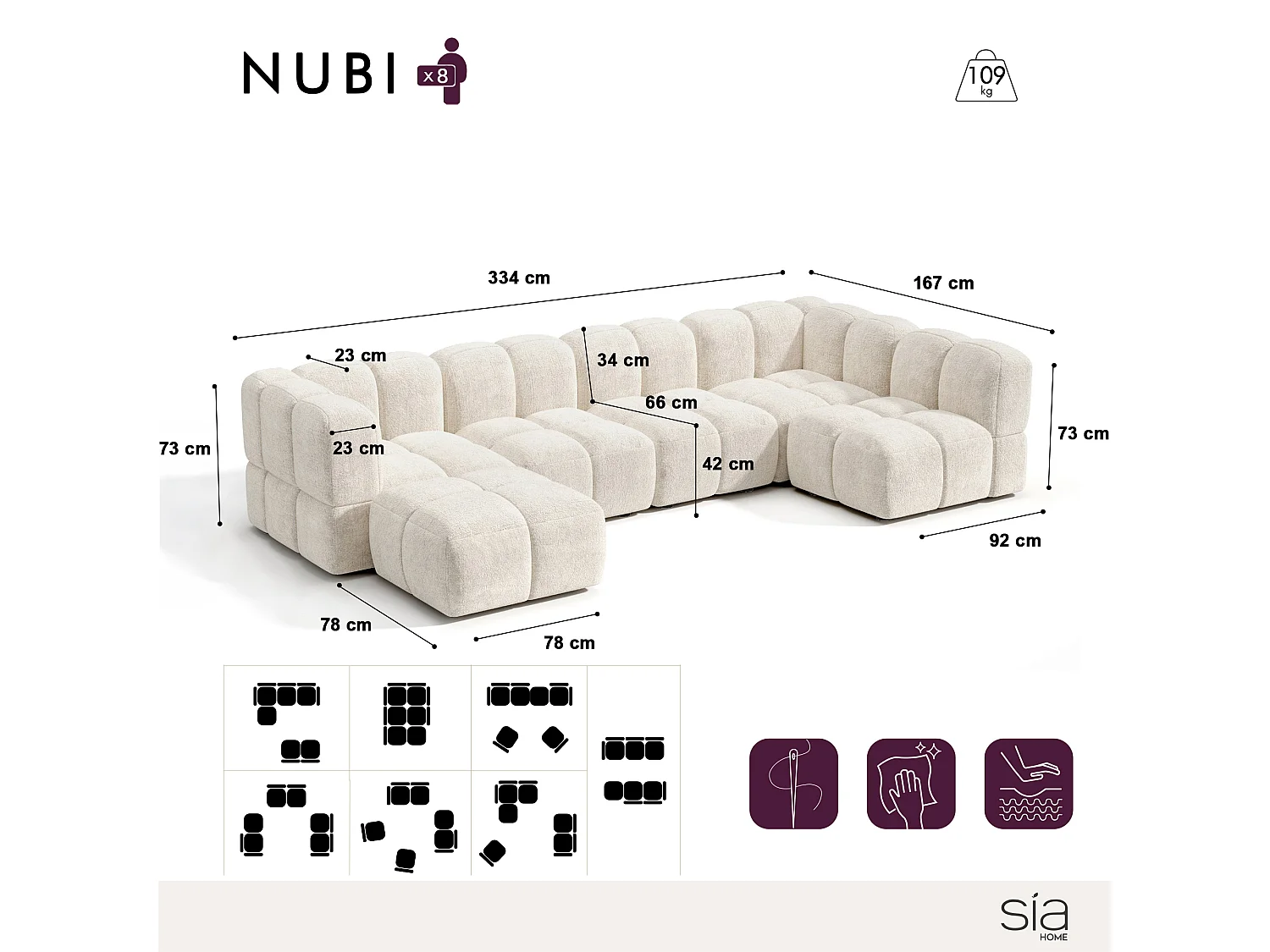 Canapé grand angle modulable 8 places velours texturé crème NUBI