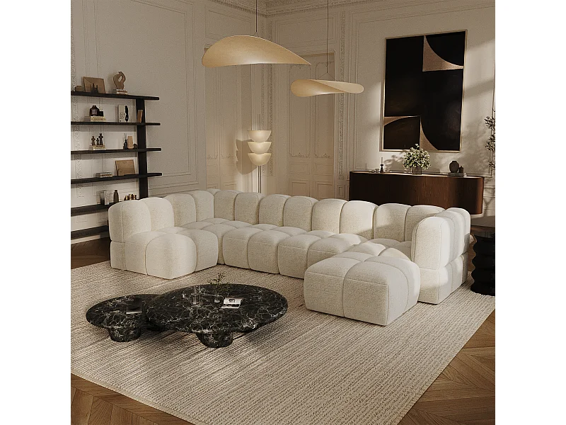 Canapé grand angle modulable 8 places velours texturé crème NUBI
