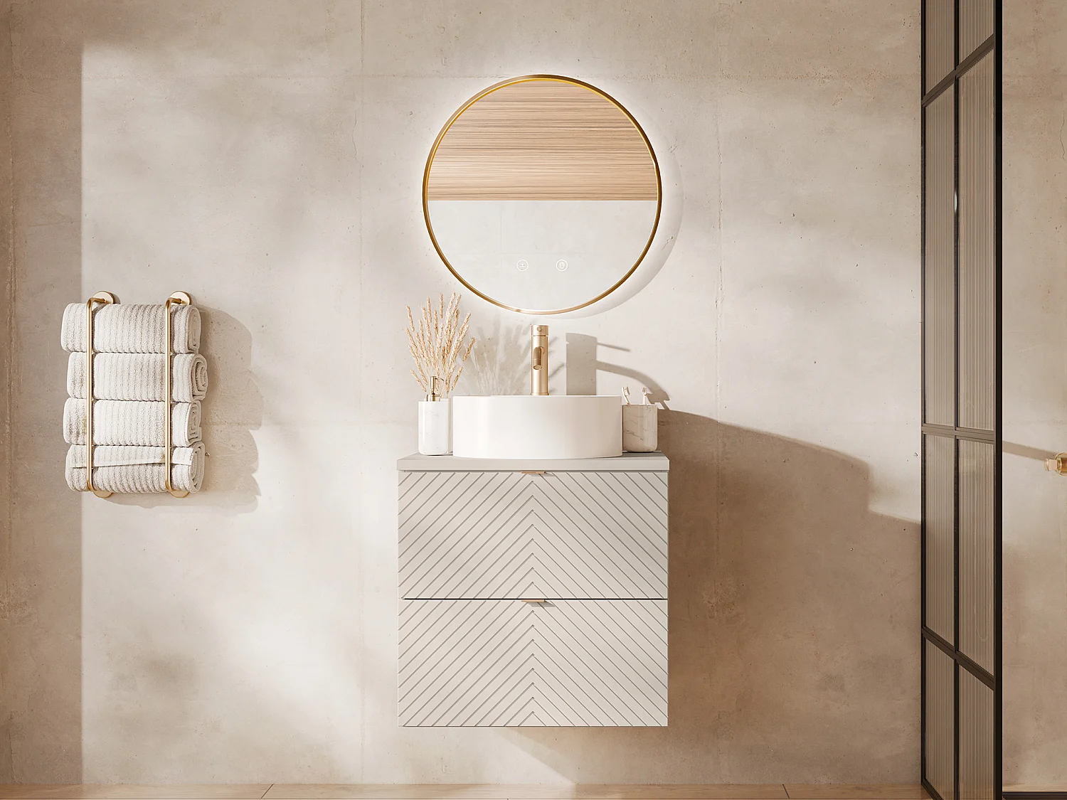 Meuble de salle de bain suspendu en chevrons avec vasque à poser ronde - Beige - 60 cm - DORIONI