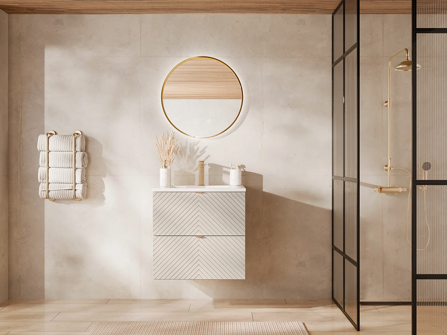 Hängender Badschrank mit Einbauwaschbecken und Armatur - Beige - 60 cm - DORIONI