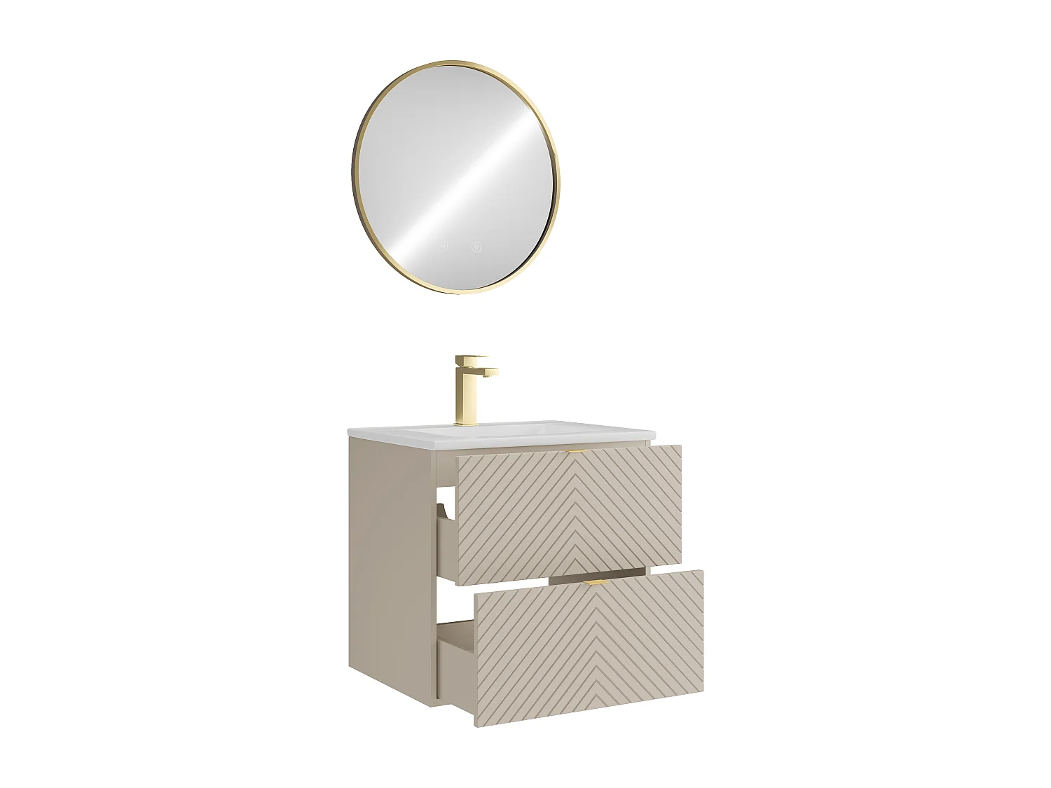 Hängender Badschrank Chevron-Muster mit Einbauwaschbecken, Armatur und Spiegel - Beige - 60 cm - DORIONI